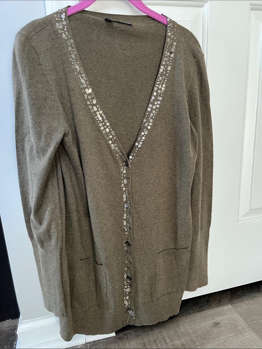 Eileen Fisher Olive Sequin-Trim V-Neck Cardigan